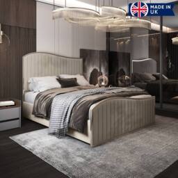 Casani Fulbeck Upholstered Soft Velvet Beige Metal Designer Bed Frame in Cream - Size: Double - thumbnail 5