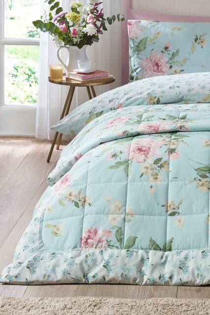 Catherine Lansfield 'Avebury Floral' Reversible Quilted Bedspread in Duck Egg Blue - image 1