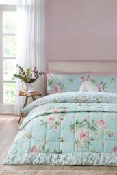 Catherine Lansfield 'Avebury Floral' Reversible Quilted Bedspread in Duck Egg Blue - thumbnail 3