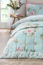 Catherine Lansfield 'Avebury Floral' Reversible Quilted Bedspread in Duck Egg Blue - thumbnail 1