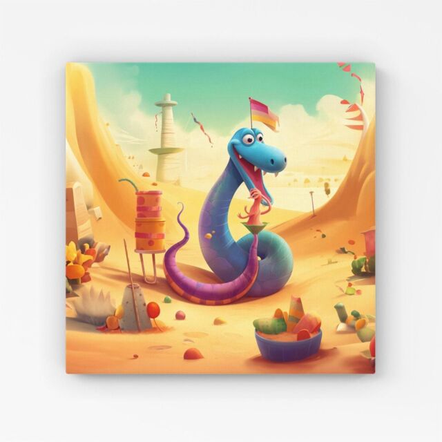 "Warren Reed - Designer Snake On A Beach Holiday Canvas in Yellow - Size: W16"" x H16""" - image 1