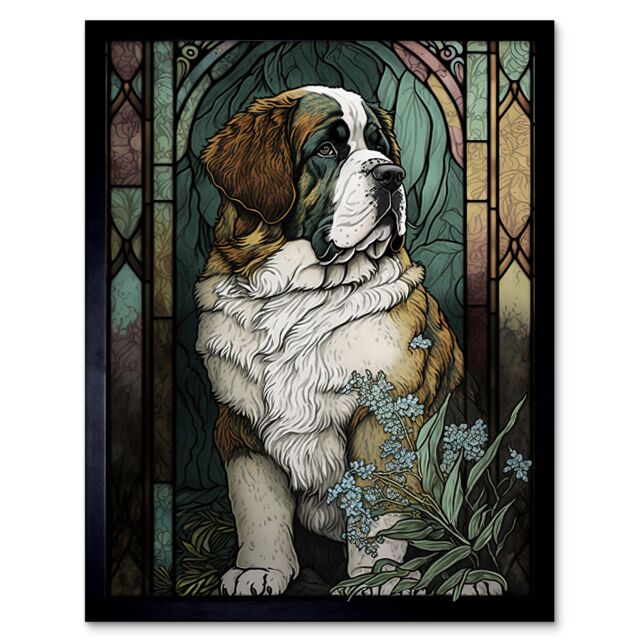 "Artery8 Wall Art Print St Bernard Dog with Silvery Lupine Flowers Modern Art Nouveau Art Framed in Black - Size: W12"" x H16""" - image 1