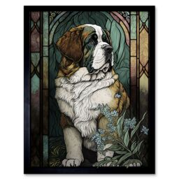 "Artery8 Wall Art Print St Bernard Dog with Silvery Lupine Flowers Modern Art Nouveau Art Framed in Black - Size: W12"" x H16""" - thumbnail 1