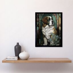 "Artery8 Wall Art Print St Bernard Dog with Silvery Lupine Flowers Modern Art Nouveau Art Framed in Black - Size: W12"" x H16""" - thumbnail 2