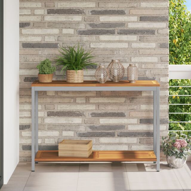 Berkfield Home Outdoor Table Natural&Grey 35x110x75 cm Solid Wood & Steel in Grey - Size: 35 x 110 x 75 cm