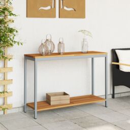 Berkfield Home Outdoor Table Natural&Grey 35x110x75 cm Solid Wood & Steel in Grey - Size: 35 x 110 x 75 cm - thumbnail 4