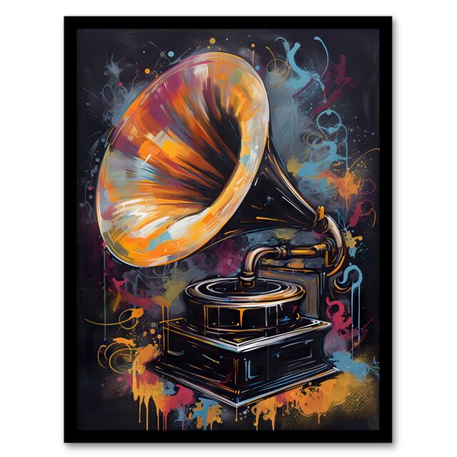 "Artery8 Wall Art Print Modern Gramophone Vibrant Painting In Gold Blue Pink Vintage Music Player Art Framed in Black - Size: W12"" x H16""" - image 1
