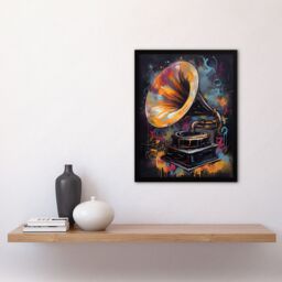 "Artery8 Wall Art Print Modern Gramophone Vibrant Painting In Gold Blue Pink Vintage Music Player Art Framed in Black - Size: W12"" x H16""" - thumbnail 4