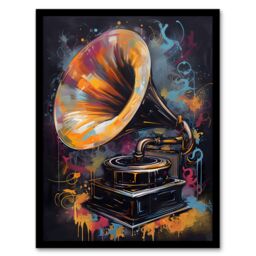 "Artery8 Wall Art Print Modern Gramophone Vibrant Painting In Gold Blue Pink Vintage Music Player Art Framed in Black - Size: W12"" x H16""" - thumbnail 1