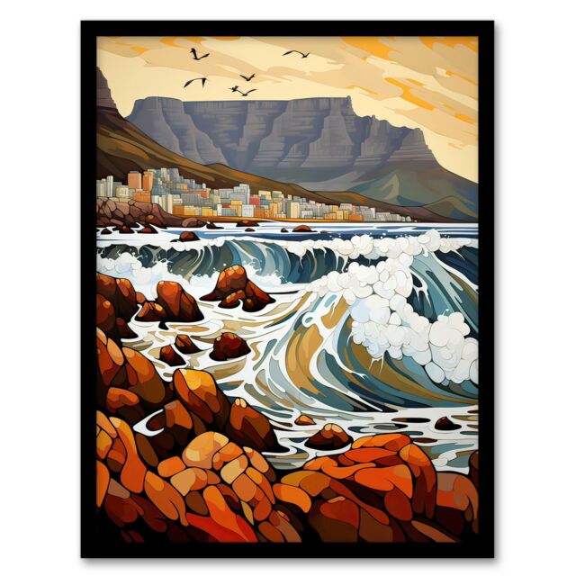 Artery8 Wall Art Print Cape Town Cityscape under Table Mountain Stylised Painting Framed Art - Size: A4 - image 1