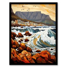 Artery8 Wall Art Print Cape Town Cityscape under Table Mountain Stylised Painting Framed Art - Size: A4 - thumbnail 1