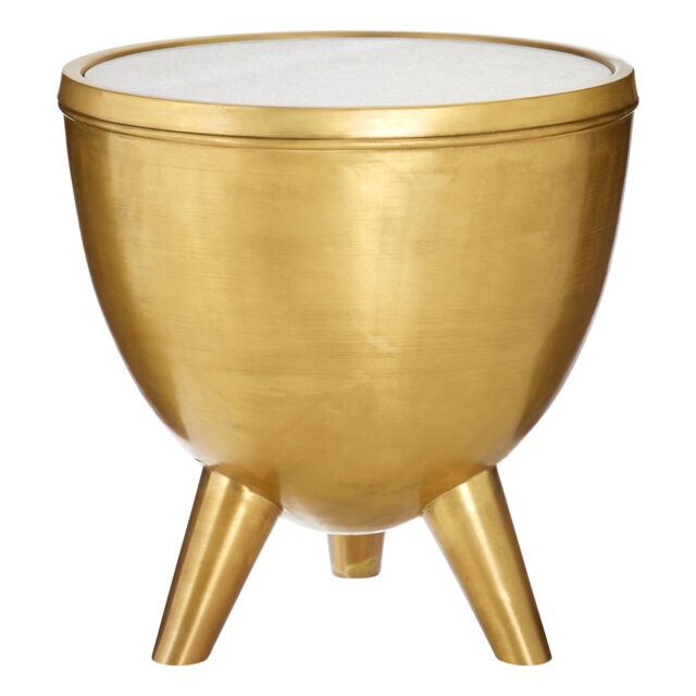 Orsina Round White Marble Top Table, Brass Finish Drum Shape Table, Natural Marble Surface, Living Room Side Table - image 1