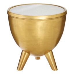 Orsina Round White Marble Top Table, Brass Finish Drum Shape Table, Natural Marble Surface, Living Room Side Table - thumbnail 2