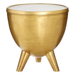Orsina Round White Marble Top Table, Brass Finish Drum Shape Table, Natural Marble Surface, Living Room Side Table - thumbnail 1