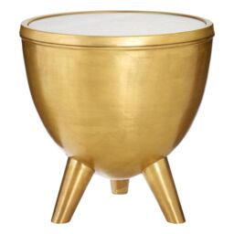 Orsina Round White Marble Top Table, Brass Finish Drum Shape Table, Natural Marble Surface, Living Room Side Table - thumbnail 5