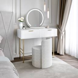 CARME HOME Esme Dressing Table with Elsie LED Mirror -White & Lottie Bouclé Stool in White