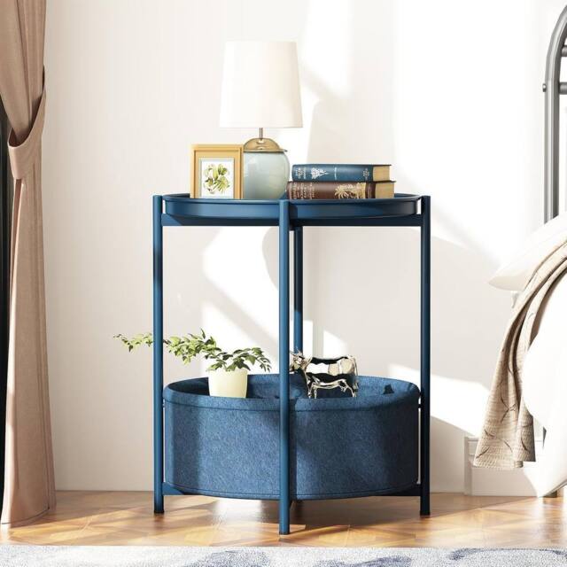 Huhote Fabric 2 Tier Round End Side Table With Storage Basket Nightstand in Blue - image 1