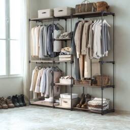 Pirlo Plush Metal Clothes Rail Open Wardrobe With Storage Shelves Taupe