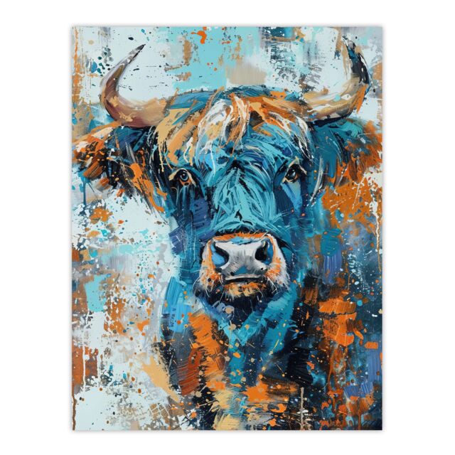 "Artery8 Blue Highland Cow Oil Painting Scottish Animal Wall Art Print - Size: W12"" x H16""" - image 1