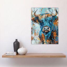 "Artery8 Blue Highland Cow Oil Painting Scottish Animal Wall Art Print - Size: W12"" x H16""" - thumbnail 4