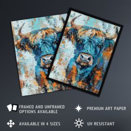 "Artery8 Blue Highland Cow Oil Painting Scottish Animal Wall Art Print - Size: W12"" x H16""" - thumbnail 2