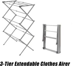 KAV 3-Tier Silver 48 to 73 CM Expandable Clothes Airer Indoor Outdoor Dryer Lightweight Metal Portable Drying Rack in Grey - thumbnail 5