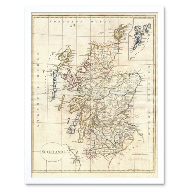 "Artery8 1799 Clement Cruttwell Map Scotland Vintage 12x16"" Framed Art Print in White - Size: W12"" x H16""" - image 1