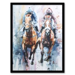 "Artery8 Jockeys on Racehorses Modern Pastel Watercolour Framed Art Print - Size: W12"" x H16""" - thumbnail 1