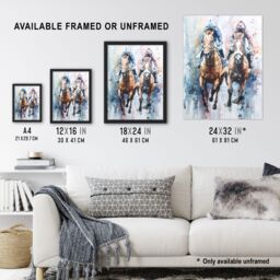 "Artery8 Jockeys on Racehorses Modern Pastel Watercolour Framed Art Print - Size: W12"" x H16""" - thumbnail 3