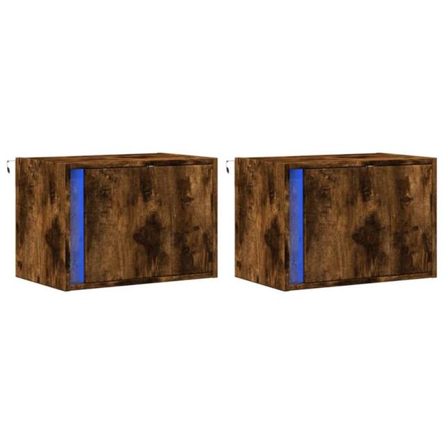 Berkfield Home Durable Wall-mounted Bedside Cabinets with LED Lights 2 pcs Smoked Oak in Brown - image 1