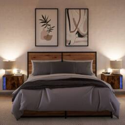 Berkfield Home Durable Wall-mounted Bedside Cabinets with LED Lights 2 pcs Smoked Oak in Brown - thumbnail 5
