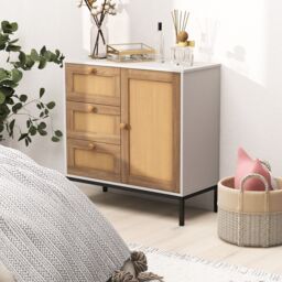 Costway Rattan Buffet Cabinet Storage Sideboard Bar Accent Cabinet 1 Door & 3 Drawers in White - thumbnail 4