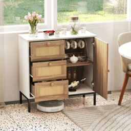 Costway Rattan Buffet Cabinet Storage Sideboard Bar Accent Cabinet 1 Door & 3 Drawers in White - thumbnail 3