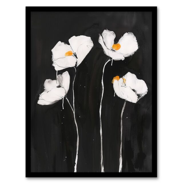 Artery8 White Poppy Flowers on Black Bold Floral Painting Framed Art Print - Size: A4 - image 1