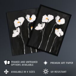 Artery8 White Poppy Flowers on Black Bold Floral Painting Framed Art Print - Size: A4 - thumbnail 2