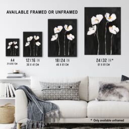 Artery8 White Poppy Flowers on Black Bold Floral Painting Framed Art Print - Size: A4 - thumbnail 3