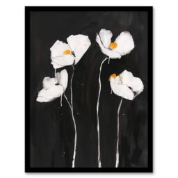 Artery8 White Poppy Flowers on Black Bold Floral Painting Framed Art Print - Size: A4 - thumbnail 1