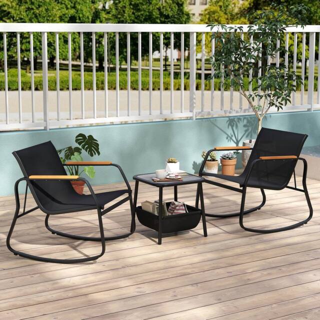 Costway 3PCS Rocking Bistro Set Rocking Chairs & Side Table W/ Storage Bag in Black - image 1
