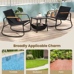 Costway 3PCS Rocking Bistro Set Rocking Chairs & Side Table W/ Storage Bag in Black - thumbnail 4