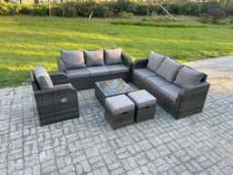 Fimous Outdoor Rattan Garden Furniture Set Conservatory Patio Sofa Coffee Table With Reclining Chair 2 Small Footstools Dark Grey Mixed - thumbnail 1