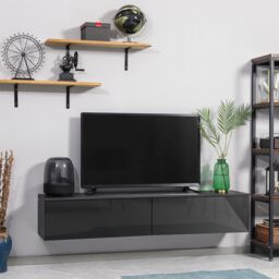 HOMCOM Wall Mounted TV Stand Unit with Storage & High Gloss Effect, Black in Grey - thumbnail 1