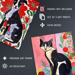 "Artery8 Set of 3 Cat Dog Lover Matisse Style Paintings A4 Size Wall Art Prints - Size: W12"" x H16""" - thumbnail 4