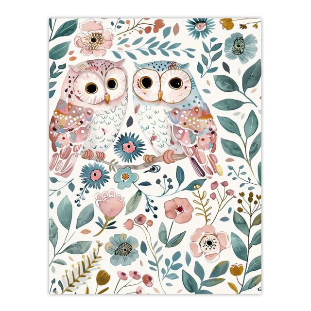 "Artery8 Cute Owl Couple Pastel Colour Floral Watercolour Wall Art Print - Size: W12"" x H16""" - image 1