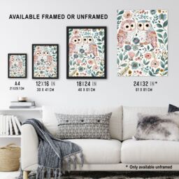 "Artery8 Cute Owl Couple Pastel Colour Floral Watercolour Wall Art Print - Size: W12"" x H16""" - thumbnail 3
