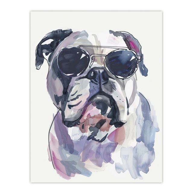 "Artery8 English Bulldog in Aviator Sunglasses Watercolour Wall Art Print in Grey - Size: W12"" x H16""" - image 1