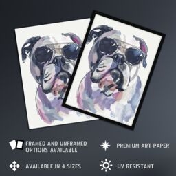"Artery8 English Bulldog in Aviator Sunglasses Watercolour Wall Art Print in Grey - Size: W12"" x H16""" - thumbnail 2