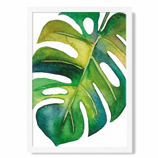 ARTZE Monstera Abstract Watercolour Botanical Framed Print SIZE: A3 with White Frame in Green - Size: A2 - image 1