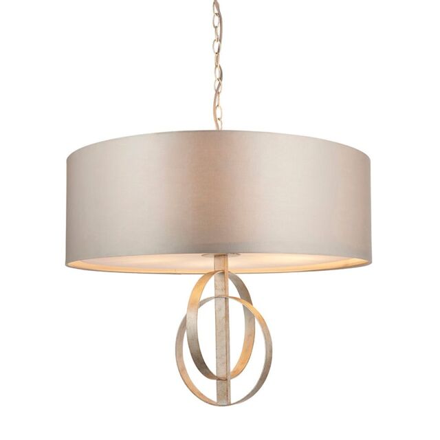 Loops Antique Silver Ceiling Pendant Light & Mink Satin Shade - 5 Bulb Hanging Fitting in Metallics - image 1