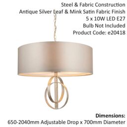Loops Antique Silver Ceiling Pendant Light & Mink Satin Shade - 5 Bulb Hanging Fitting in Metallics - thumbnail 2