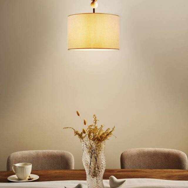 Wyld and Coco Mid-Century Pendant Lamp - Brass-Plated Iron Beige Fabric Drum Shade - image 1